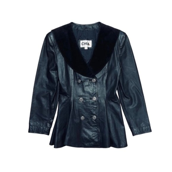 Chia Vintage Leather Coat Women’s Size Medium Black Suede Collar Double-Breasted - Picture 1 of 12